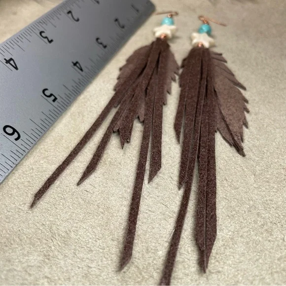 Howlite Gemstone And Turquoise Genuine Brown Leather Fringe Earrings - Picture 14 of 15